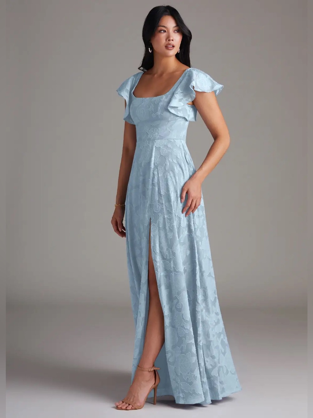 Azazie Bondi Sky Blue Floral Burnout Floor Length Gown Wedding Guest Formal